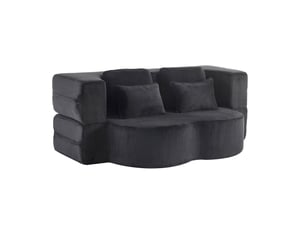 Canapé droit convertible 2 places en velours noir avec 4 coussins, mousse haute densité pour salon et chambre