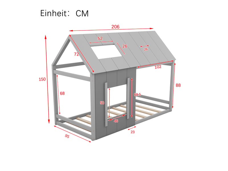  Lit enfant 90 x 200 cm, gris, design maison avec toit et fenêtre, cadre en pin et mdf  - Conforama B