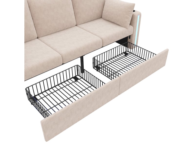  Canapé d'angle  en ul ,5 places,avec 2 tabourets avec espace de rangement ,190 ×130×85cm,beige  - Conforama E