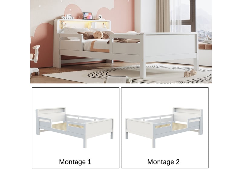  Lit simple 90x200 cm, lit enfant, led, port usb, tête de lit avec rangement, bois de pin blanc  - Conforama R