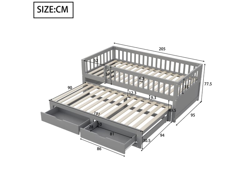  Couchage gigogne, 90x200 cm, avec barrières de sécurité, 2 tiroirs pratiques, matelas non inclus, bois, coloris gris  - Conforama C