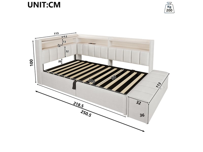  Canapé-lit coffre 90 x 200 cm - avec prise électrique - avec port usb + bande lumineuse led - beige (matelas non inclus)  - Conforama C