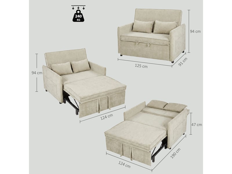 Canapé convertible 2 places, canapé-lit 3 en 1 chenille 125 cm avec dossier réglable, 2 oreillers, assise large, crème - Conforama C