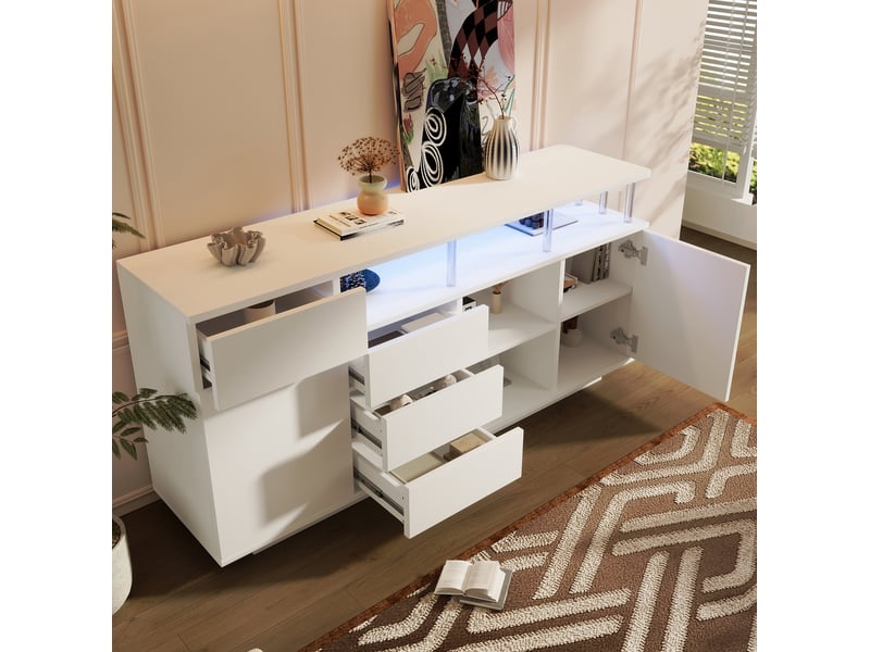  Buffet modenvie blanc 160 x 40 x 75 cm avec led, 4 tiroirs, 2 portes et étagères réglables en mdf et acrylique  - Conforama B