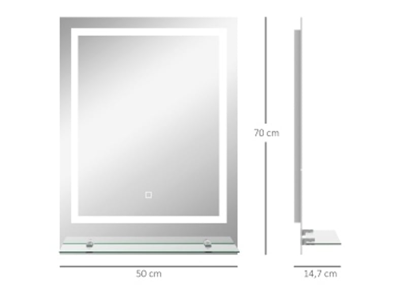  Miroir lumineux de salle de bain à led tactile antibuée avec tablette en verre transparent 70 × 50 × 2,7 cm  - Conforama C