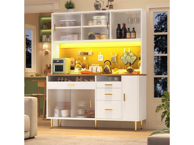  Buffet de cuisine 5 portes 4 tiroirs - 145 cm blanc led mdf buffet de cuisine blanc - Conforama D