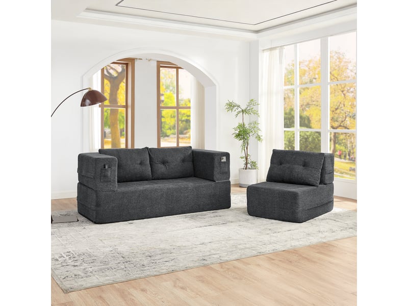 Fauteuil convertible modulable tissu gris foncé, canapé lit pliable avec rangement intégré et poches latérales pour salon moderne - Conforama B