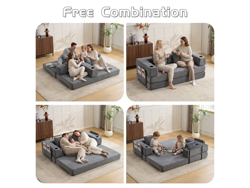 Canapé convertible, canapé-lit, en velours tricoté, gris foncé, poches latérales, porte-gobelets, chambre, pour salon - Conforama W