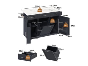 Îlot de cuisine mobile gris en mdf, plateau rabattable, meuble poubelle, roulettes verrouillables, 136 × 50 (75) × 92 cm