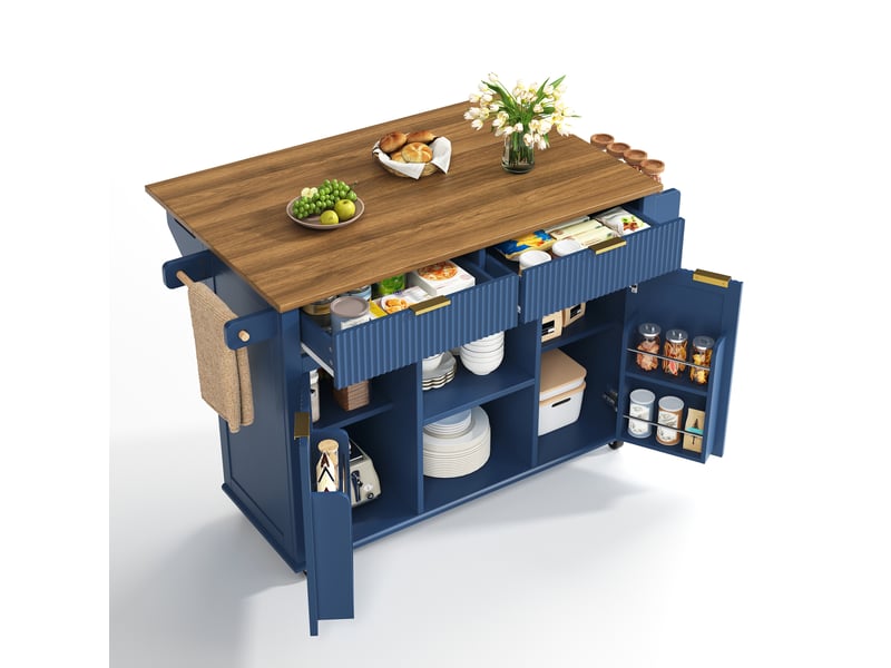 Desserte de cuisine 143x45x89,5 cm bleu et marron mdf, plan rabattable, rangements sur roulettes - Conforama A