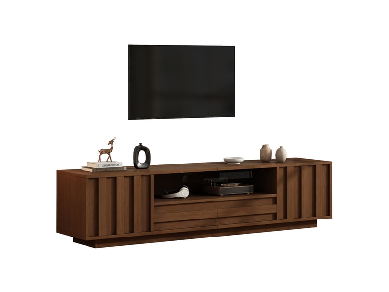  Meuble tv 180x40x45 cm avec 2 portes et 2 tiroirs, passages de câbles, en mdf couleur marron foncé  - Conforama A