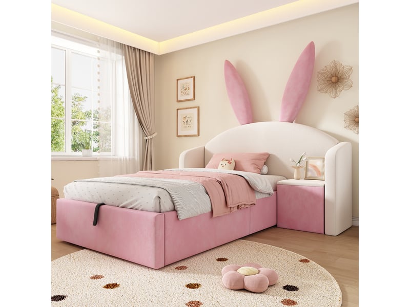 Lit simple 90x190 cm, lit enfant, rangement, table de chevet, motif lapin, velours beige, rose - Conforama A