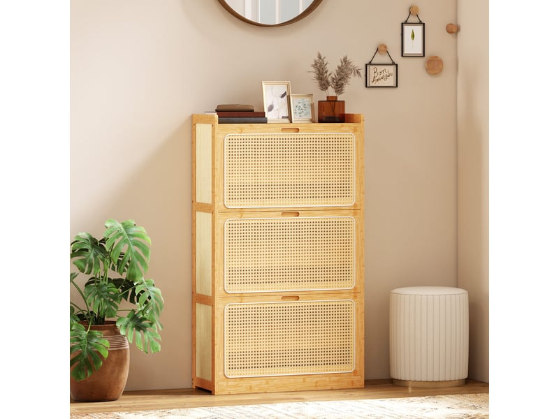  Meuble à chaussures 14 paires, armoire à chaussures 3 tiroirs rabattables, étagères réglables 69x29x119,8cm bois naturel  - Conforama C