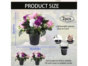 Pots fleurs artificielles cimetiere, fleur artificielle deco réaliste roses fleur artificielle cimetiere plante artificielle exterieur pour cimetière maison jardin balcon porche (violet)