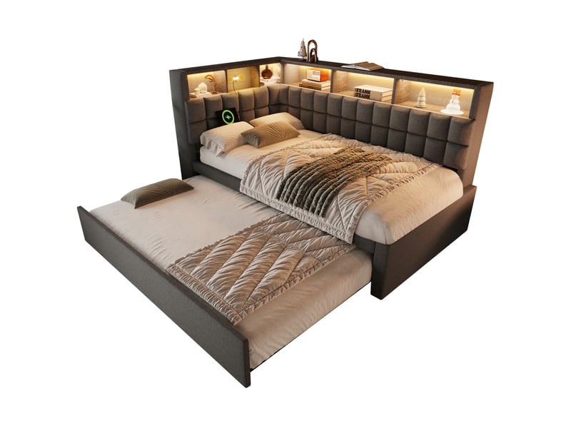  Lit banquette 90x200 cm avec lit gigogne 90x190 cm, led, enceinte bluetooth, usbtype-c, tête de lit avec rangement, tissu lin, sans matelas - gris  - Conforama A