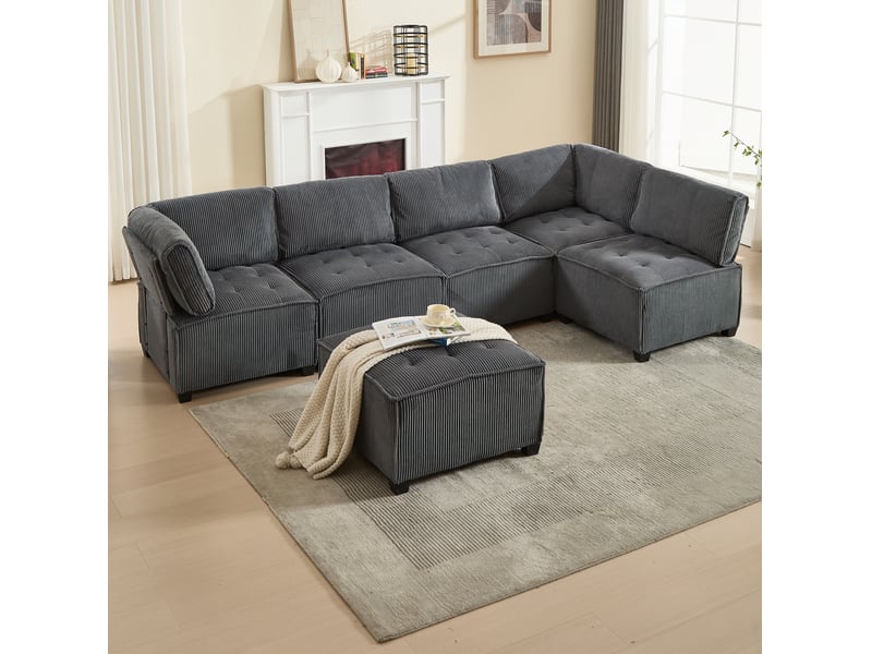 Canapé modulable panoramique 6 places 308x154x81.99 cm velours côtelé gris - Conforama B