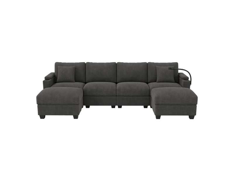 Canapé convertible d'angle en u gris, canapé modulable velours côtelé avec rangement et usb, pour salon - Conforama A