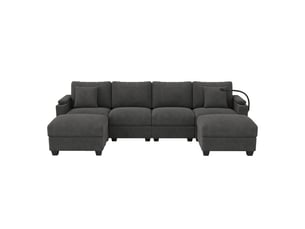 Canapé convertible d'angle en u gris, canapé modulable velours côtelé avec rangement et usb, pour salon