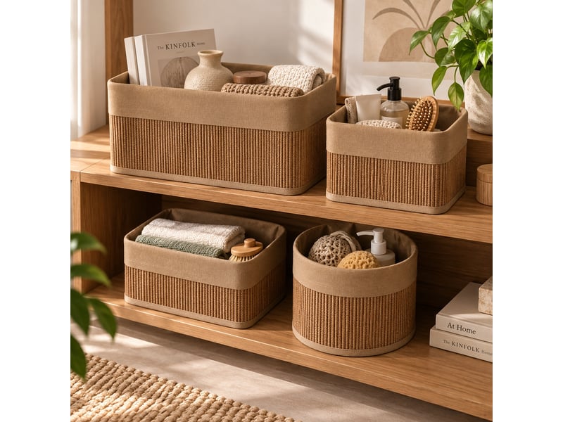 Lot de 4 paniers de rangement multiformes en bambou tressé et tissu marron,corbeilles multi-usages décoratives  - Conforama B