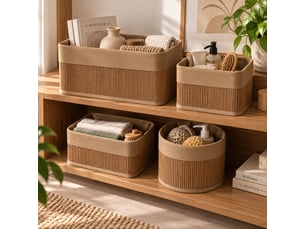 Lot de 4 paniers de rangement multiformes en bambou tressé et tissu marron,corbeilles multi-usages décoratives