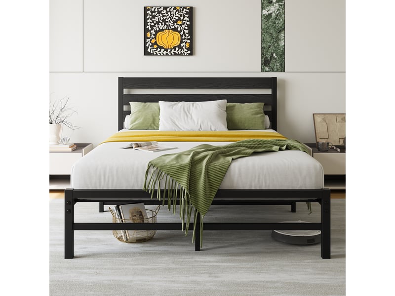  Lit métal 140 × 200 cm 2 places avec tête de lit confortable, sans matelas, en métal et mdf, noir  - Conforama C