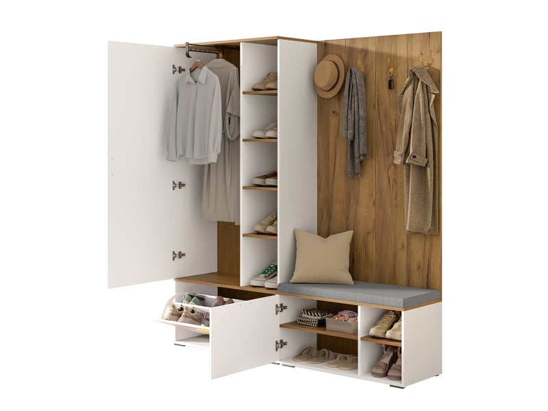  Vestiaire d’entrée 160x38x180 cm, meuble à chaussures et portemanteau, miroir intégré, crochets, panneaux de particules blanc et naturel CozyNest - Conforama A
