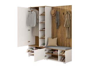Vestiaire d’entrée 160x38x180 cm, meuble à chaussures et portemanteau, miroir intégré, crochets, panneaux de particules blanc et naturel