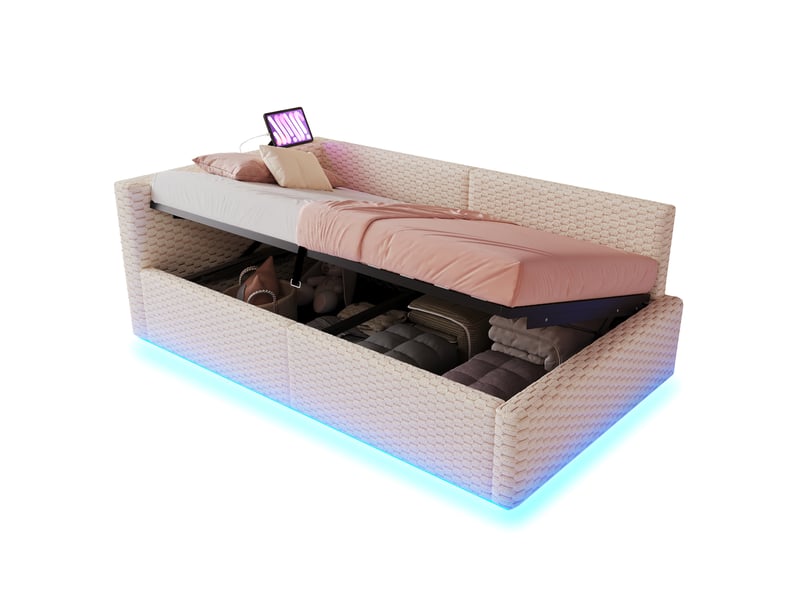  Lit coffre 90x200 cm rangement hydraulique, led et ports usb c en velours beige  - Conforama A