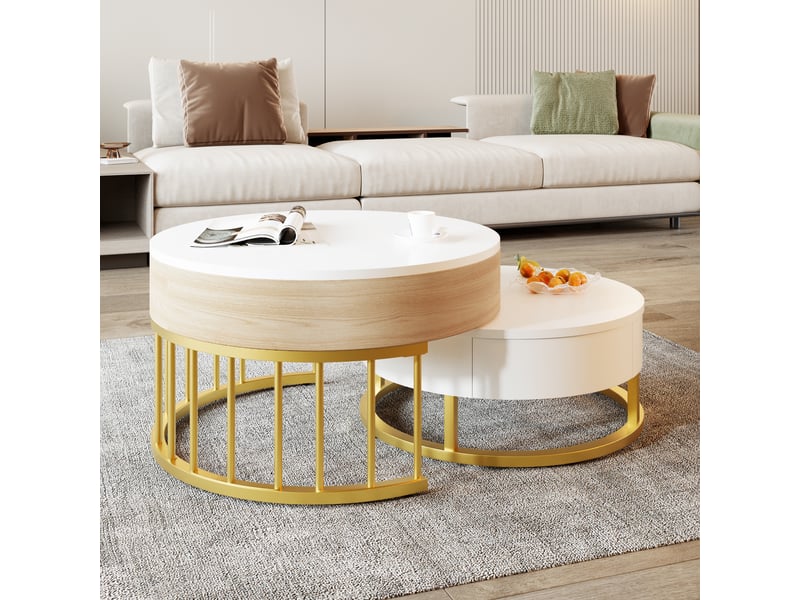  Tables basses gigognes rondes avec plateau relevable et tiroir pour salon en mdf 70×70×56 et 60×60×27 cm blanc et or  - Conforama C