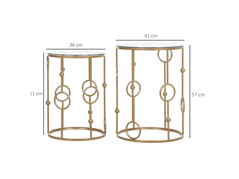  Tables basses gigognes avec plateaux en verre trempé structure en métal doré à motif anneaux et boules pour salon  - Conforama C