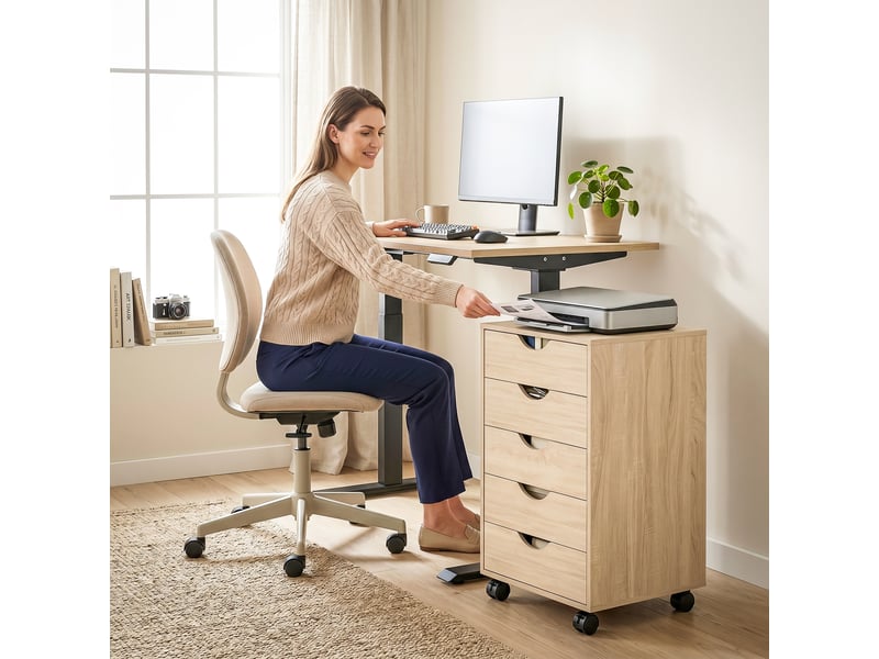  Caisson bureau mobile, meuble rangement sur roulettes avec 5 tiroirs, bois, chêne, 40 x 40 x 67 cm  - Conforama W