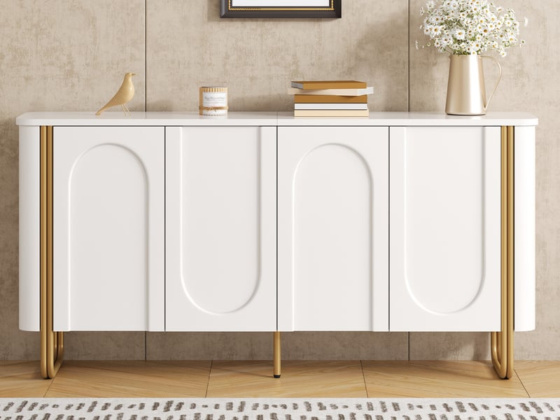  Buffet, mdf, pieds en métal, 4 portes, reliefs arqués, angles arrondis, rangements modulables, blanc, pour salon  - Conforama B