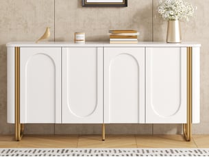 Buffet, mdf, pieds en métal, 4 portes, reliefs arqués, angles arrondis, rangements modulables, blanc, pour salon