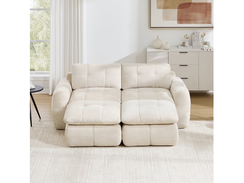 Canapé modulaire 2 places sans cadre avec 2 ottomanes, assise profonde et modules combinables en chenille beige - Conforama B