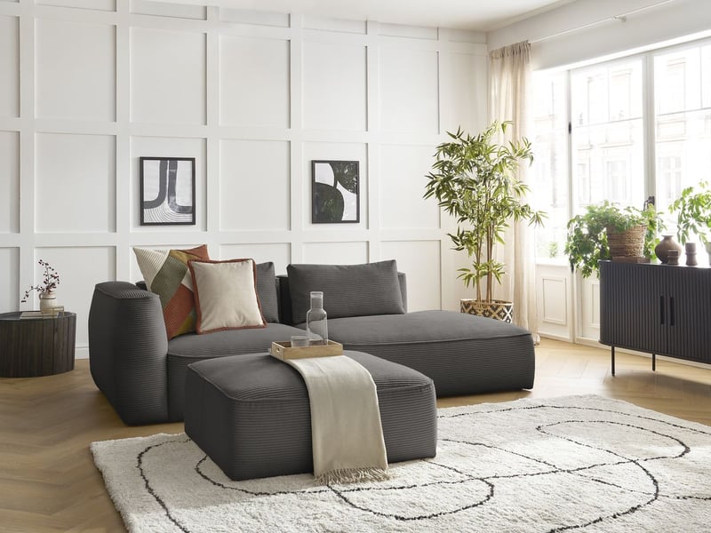  Bobochic canapé droit fixe 3 places leopold velours côtelé avec pouf taupe  accoudoir gauche LEOPOLD - Conforama B