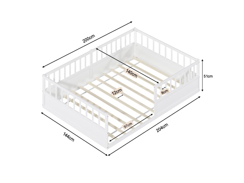  Lit  enfant 140x200 cm-lit  au sol 140x200 cm - avec barrières de sécurité et sommier à lattes- bois de pin- blanc  - Conforama C