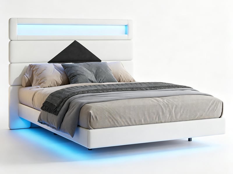  Lit 2 places 140x190 cm - usb et usb c - led intégrée - tissu velours blanc  - Conforama A