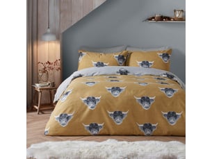 Housse de couette vache des highlands jaune ocre - 140 x 200 cm - 1 taie d'oreiller - design réversible (ocre et gris) - parure de lit vache de ferme en jaune moutarde
