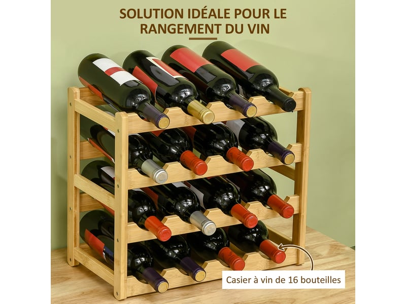  Range-bouteilles casier porte-bouteilles en bois de bambou 4 niveaux 16 bouteilles bois naturel 43 x 23,5 x 38 cm  - Conforama E