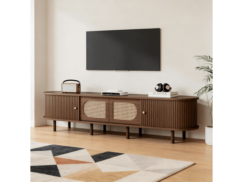 Meuble tv 180x40x40 cm en noyer foncé, 2 portes battantes, rotin, 2 portes coulissantes, meuble bas, mdf, meuble tele - Conforama R