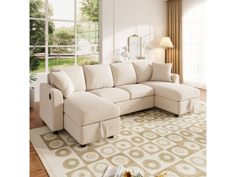  Canapé convertible en u, tissu chenille beige avec 2 méridiennes coffre, lit avec ports usb et type-c pour salon, 260x128x82 cm  - Conforama D
