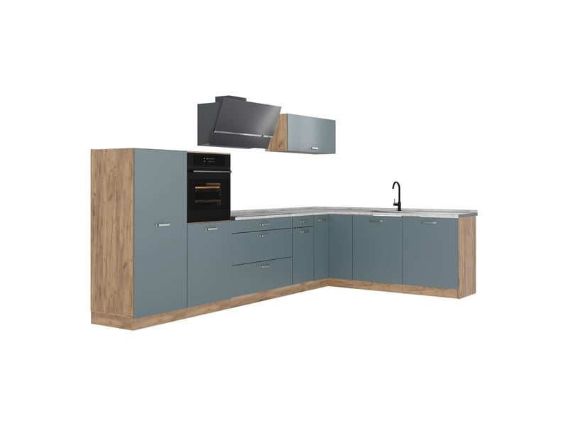  Vicco cuisine en angle, bleu-grischêne doré, 347 x cm plan de travail marbre  - Conforama A
