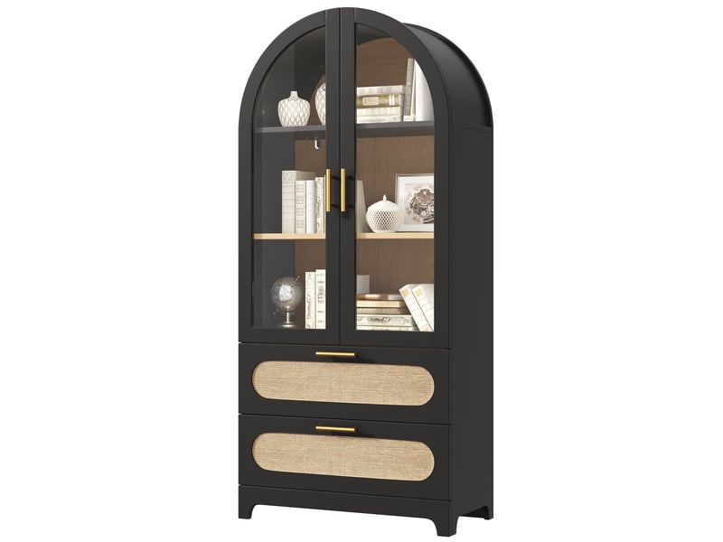 Meuble de cuisine muvano, vitrine noire avec portes vitrées cintrées, 2 tiroirs, 80 × 40 × 175 cm - Conforama A