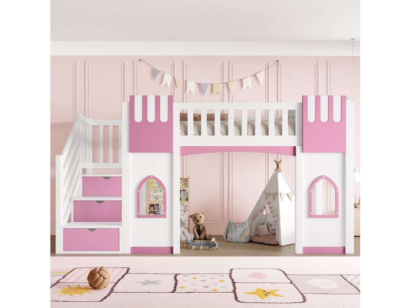  Lit mezzanine enfant 90x200 cm, escalier de rangement et fenêtres, lit simple, sommier, mdf, blanc et rose sans matelas  - Conforama B
