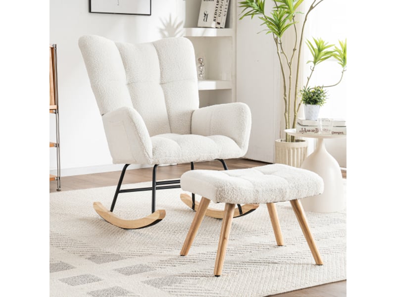  Fauteuil bascule ergonomique blanc hévéa 92x65cm repose-pieds inclus robuste 113kg barre sécurité  - Conforama E