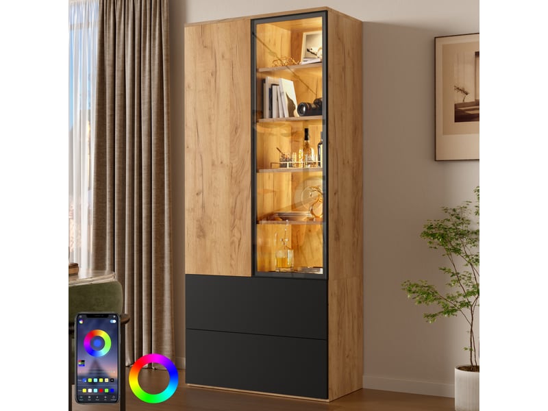  Vitrine 70x35x160 cm avec led, 2 portes et 2 tiroirs coloris naturel et noir  - Conforama D