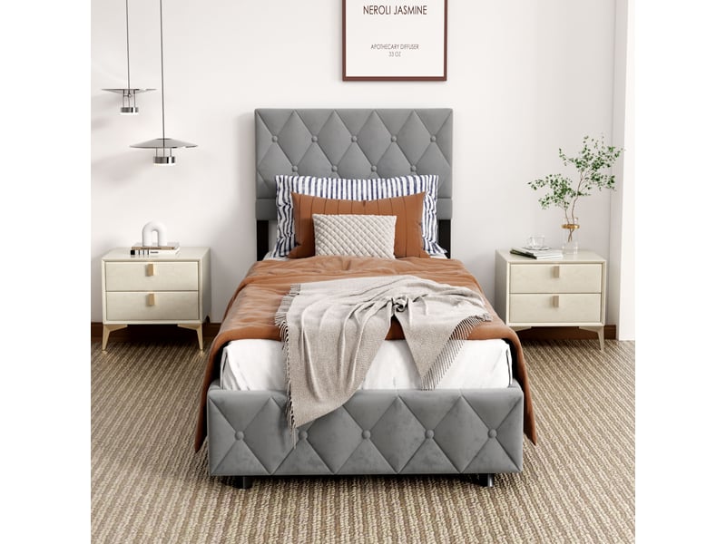  Lit avec rangement ulevr 90 x 200 cm rembourré en velours gris, sommier à lattes en bois  - Conforama D