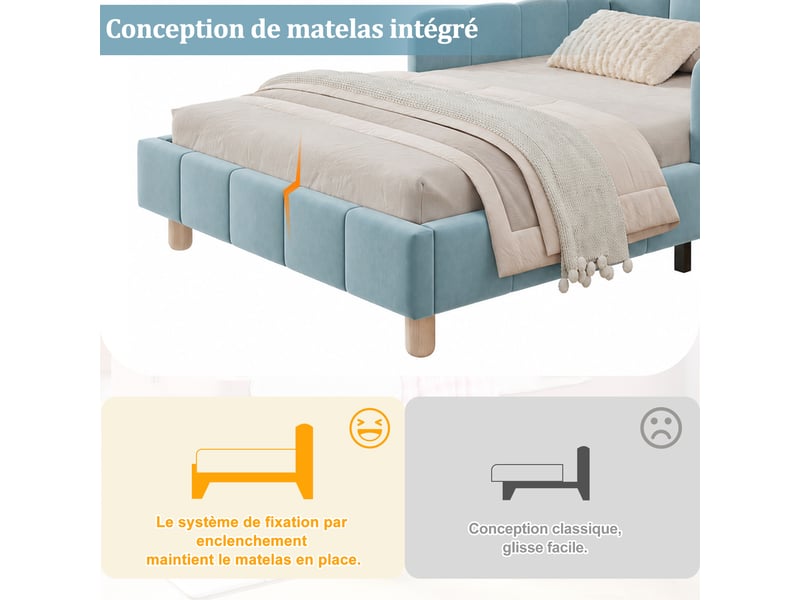 Lit rembourré enfant 90 x 200 cm, tête de lit rembourrée, barrière de sécurité, pieds en bois massif, velours, bleu Bliss Lite - Conforama E