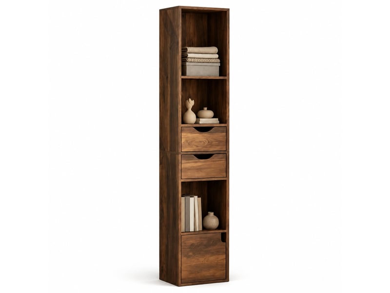  Bibliothèque étroite 30x24x157,5 cm marron en bois d'ingénierie, 3 étagères, 2 tiroirs, 1 porte  - Conforama A