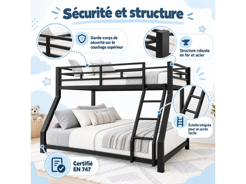 Lit superposé enfant 90140 × 200 cm en métal avec échelle et barrières de sécurité, conforme en 747, sans matelas, noir - Conforama B